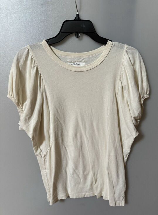 THE GREAT. Tops - The Great Womens Size 0 Xsmall Puff Sleeve Distressed Ivory Shirt Minimalist